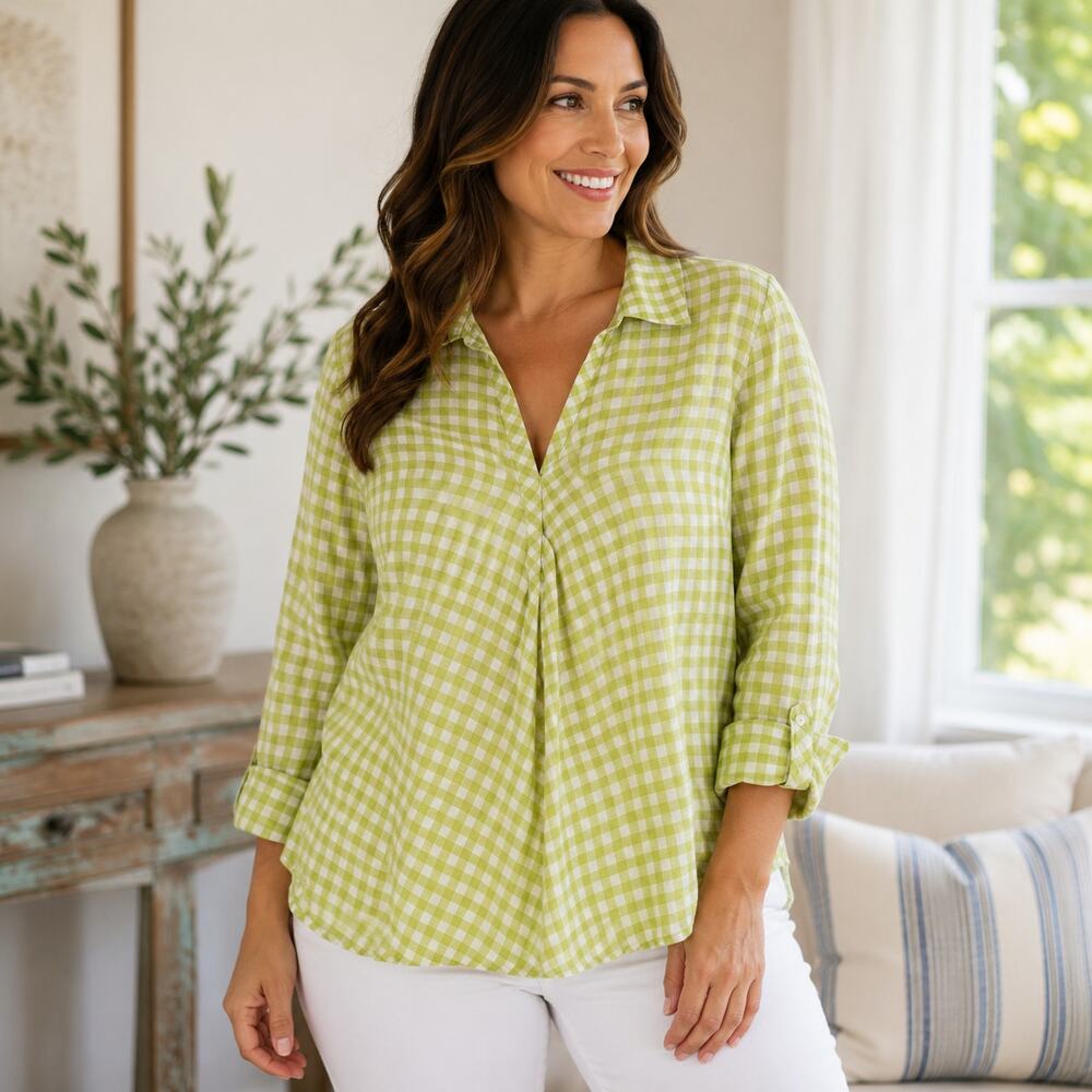 J.Jill Love Linen 100% Linen Gingham Button Shirt Yellow Green White 2X